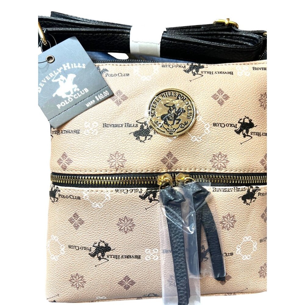 Beverly Hills Polo Club Tan & Black Crossbody Bag With Adj Strap & Zipper Accent - Picture 2 of 5